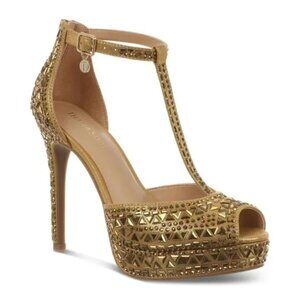 99$ Thalia Sodi Chacey Embellished T-Strap Platform Pumps Size 6 US Gold
